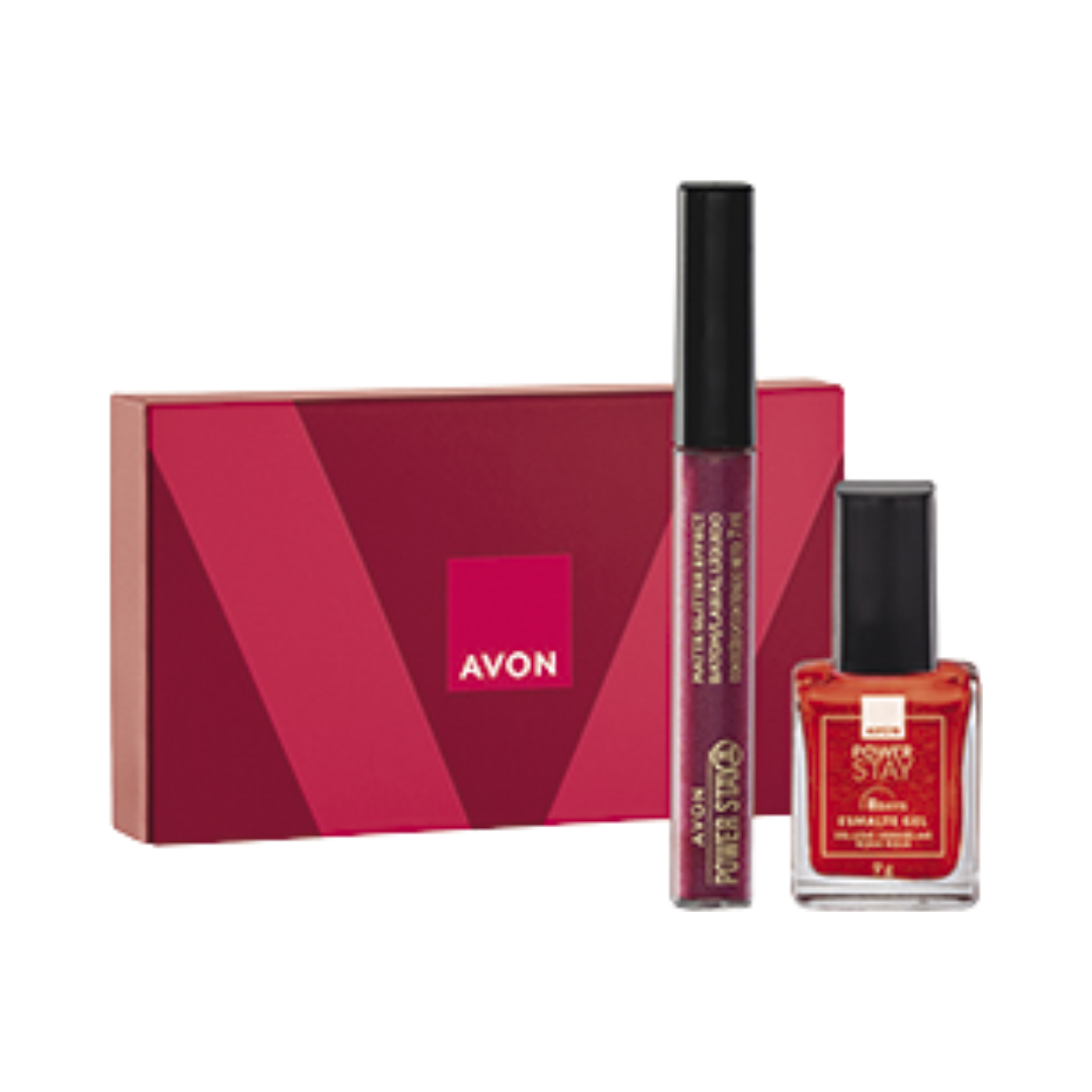 Presente Avon Power Stay Brilho Duo Malva Luminoso + Veludo Vermelho
