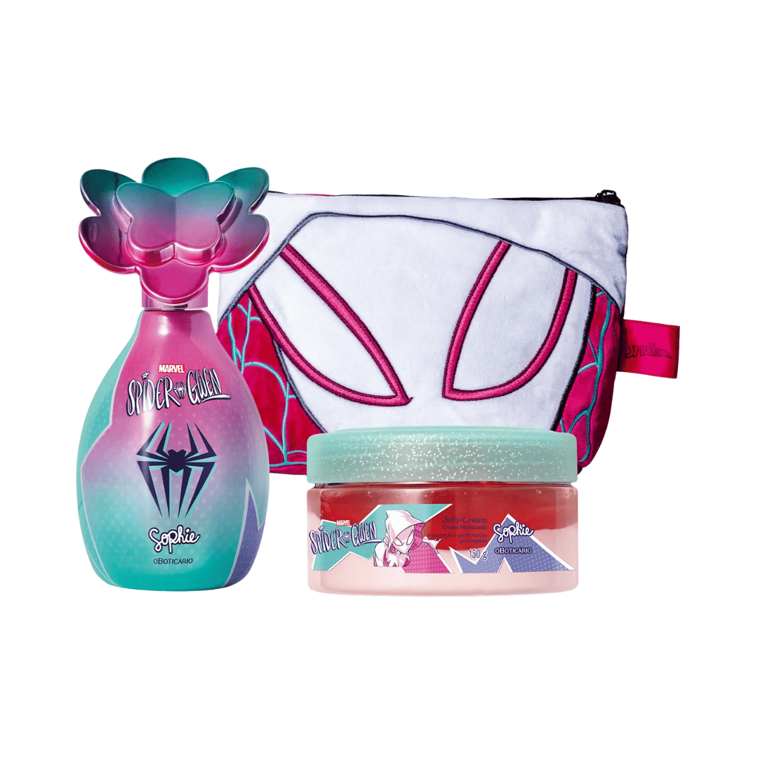 Combo Sophie Spider-Gwen: Colônia Infantil 100ml + Jelly Cream Creme Hidratante 150g + Nécessaire Infantil