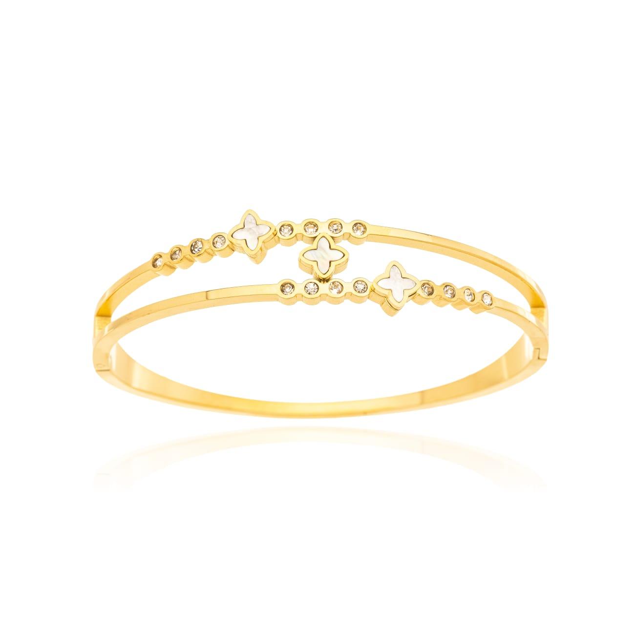 Bracelete 3 Trevos e Pedra Dourado