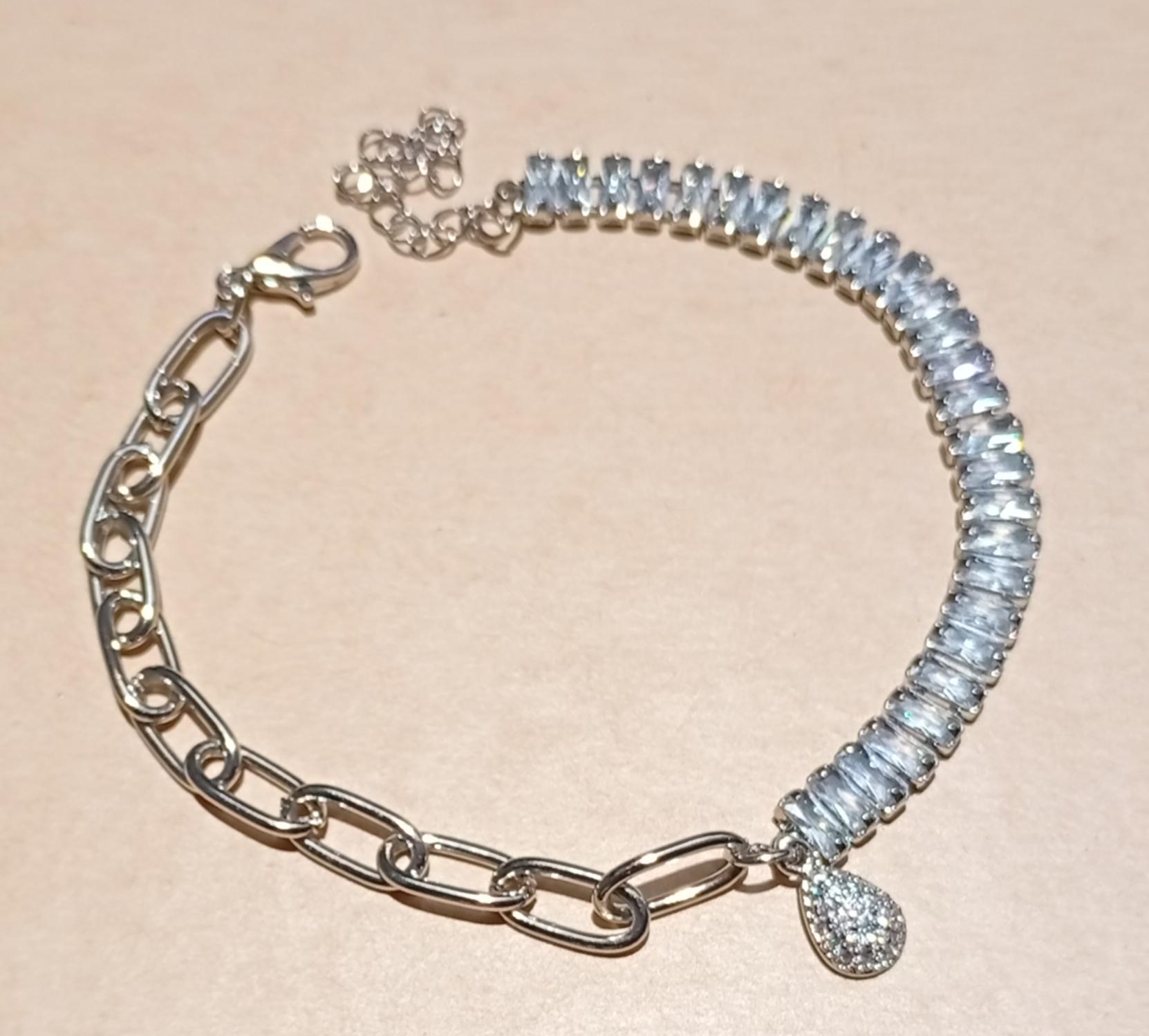 Pulseira Baguete/Elo Ping. Zircônia Prata
