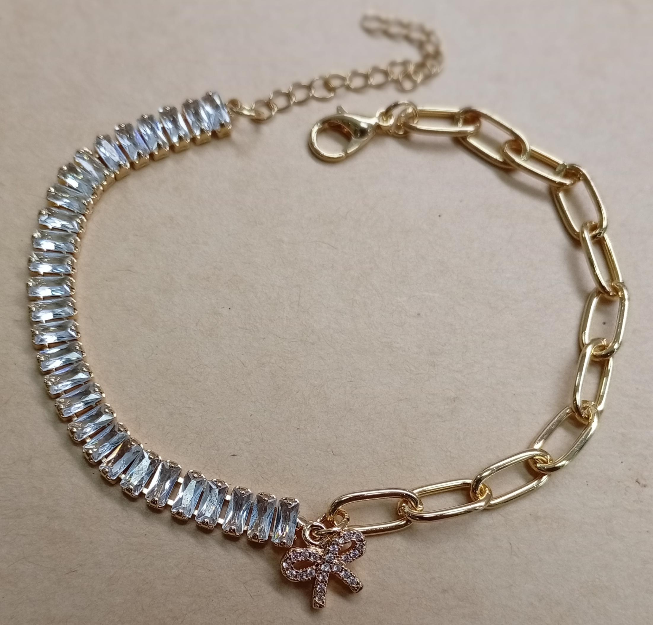 Pulseira Baguete Zirconia/Elos Ping. Laço Dourado