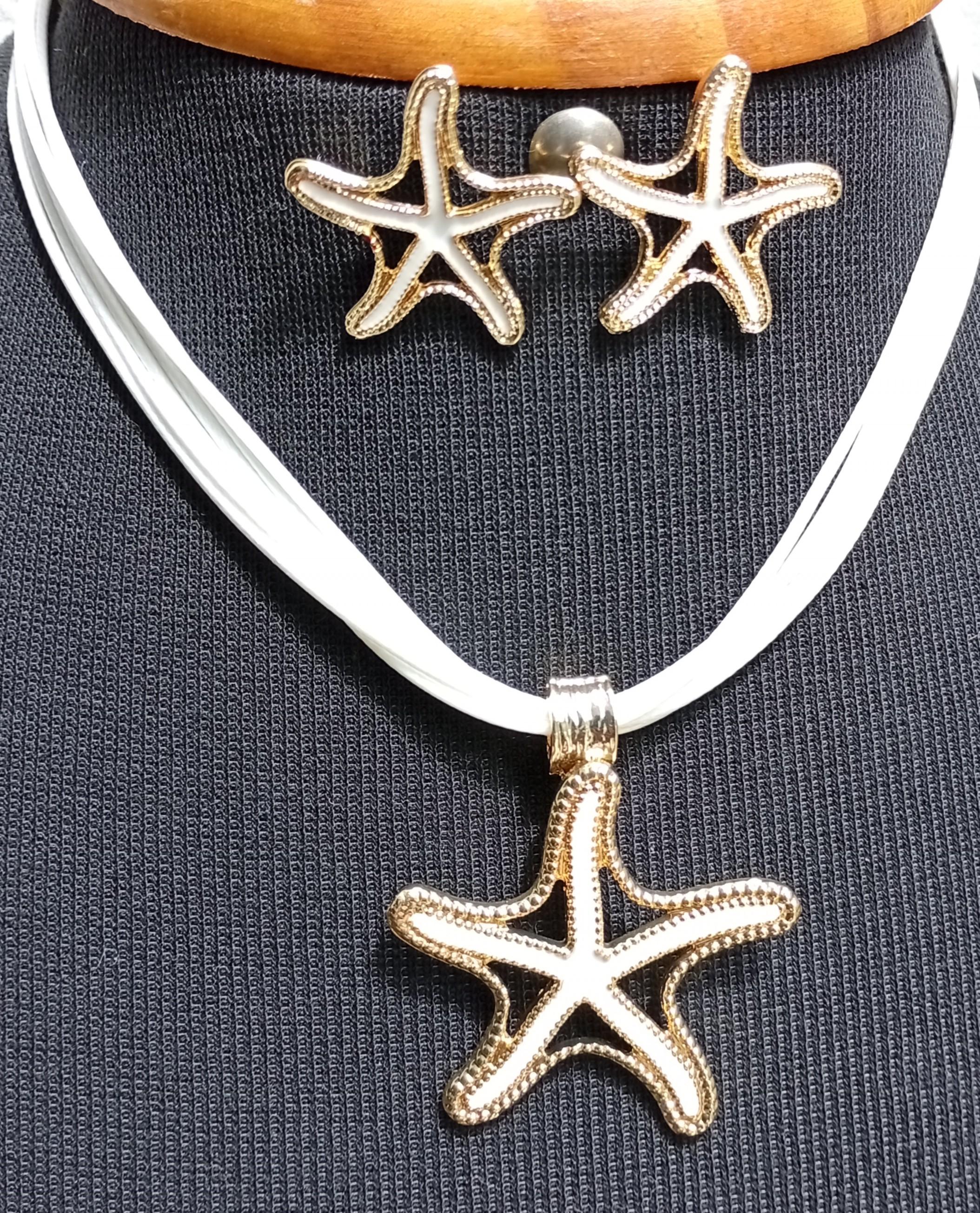 Conjunto Colar Corda e Brinco Resina Estrela