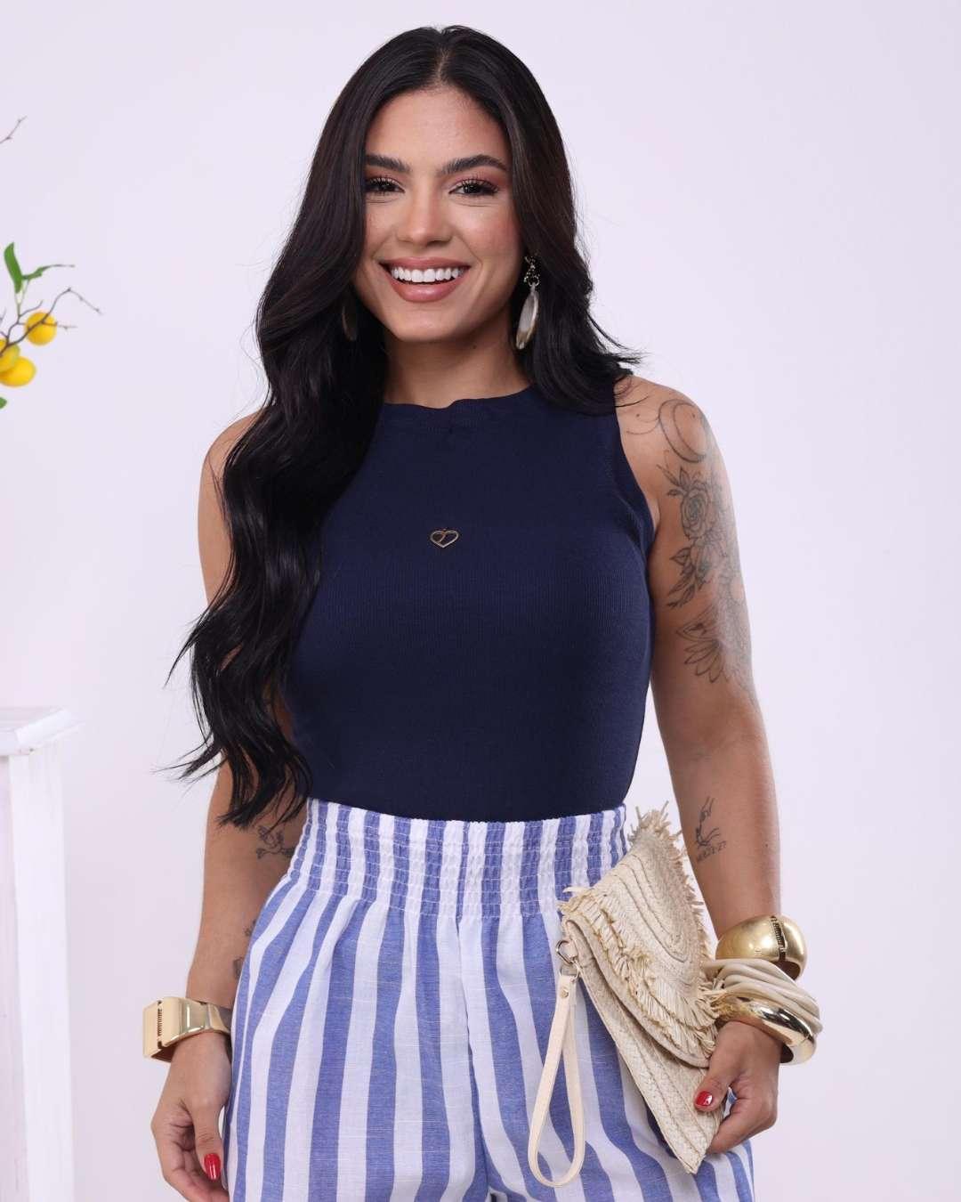 Regata Canelada com Pingente M Azul Marinho